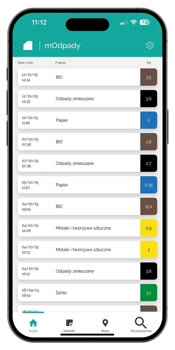 mOdpady - ekran aplikacji T-Master